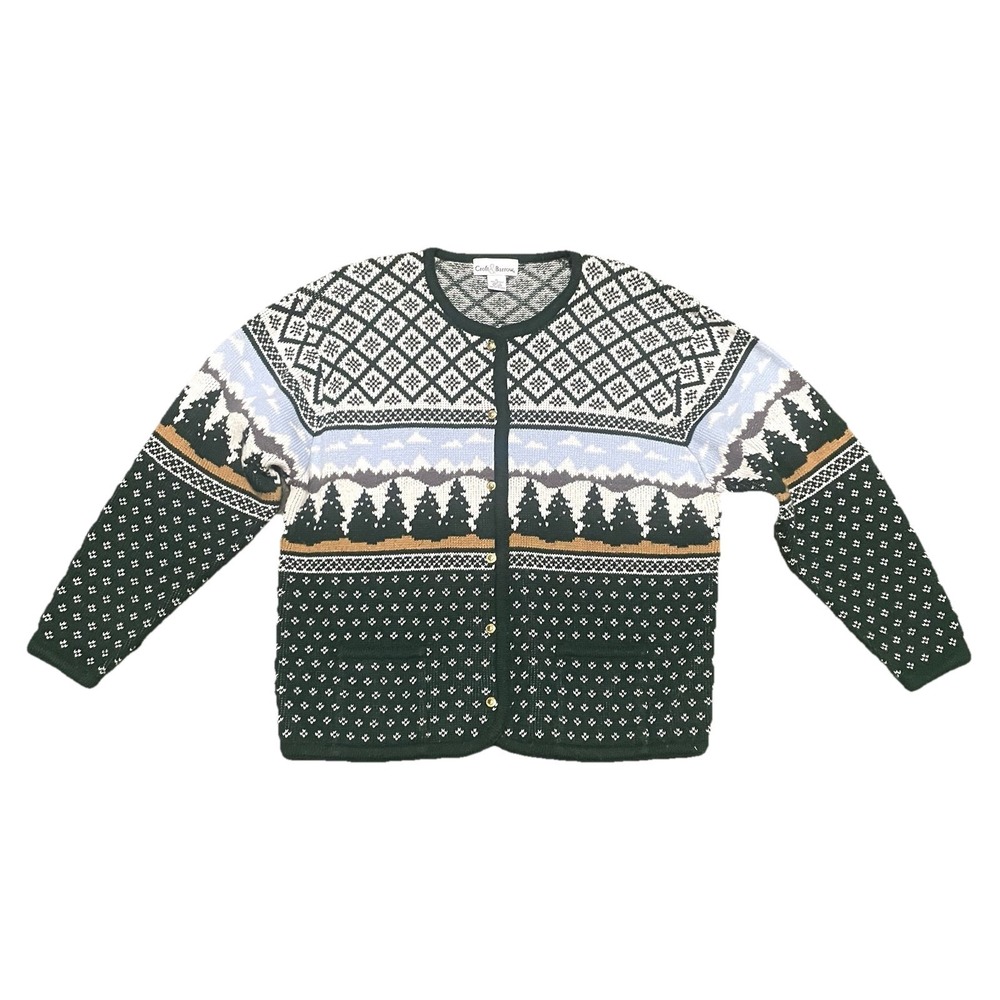 Vintage Nordic Winter‎ Cardigan Knit Fair Isle Cottagecore Cabincore Scenic XL